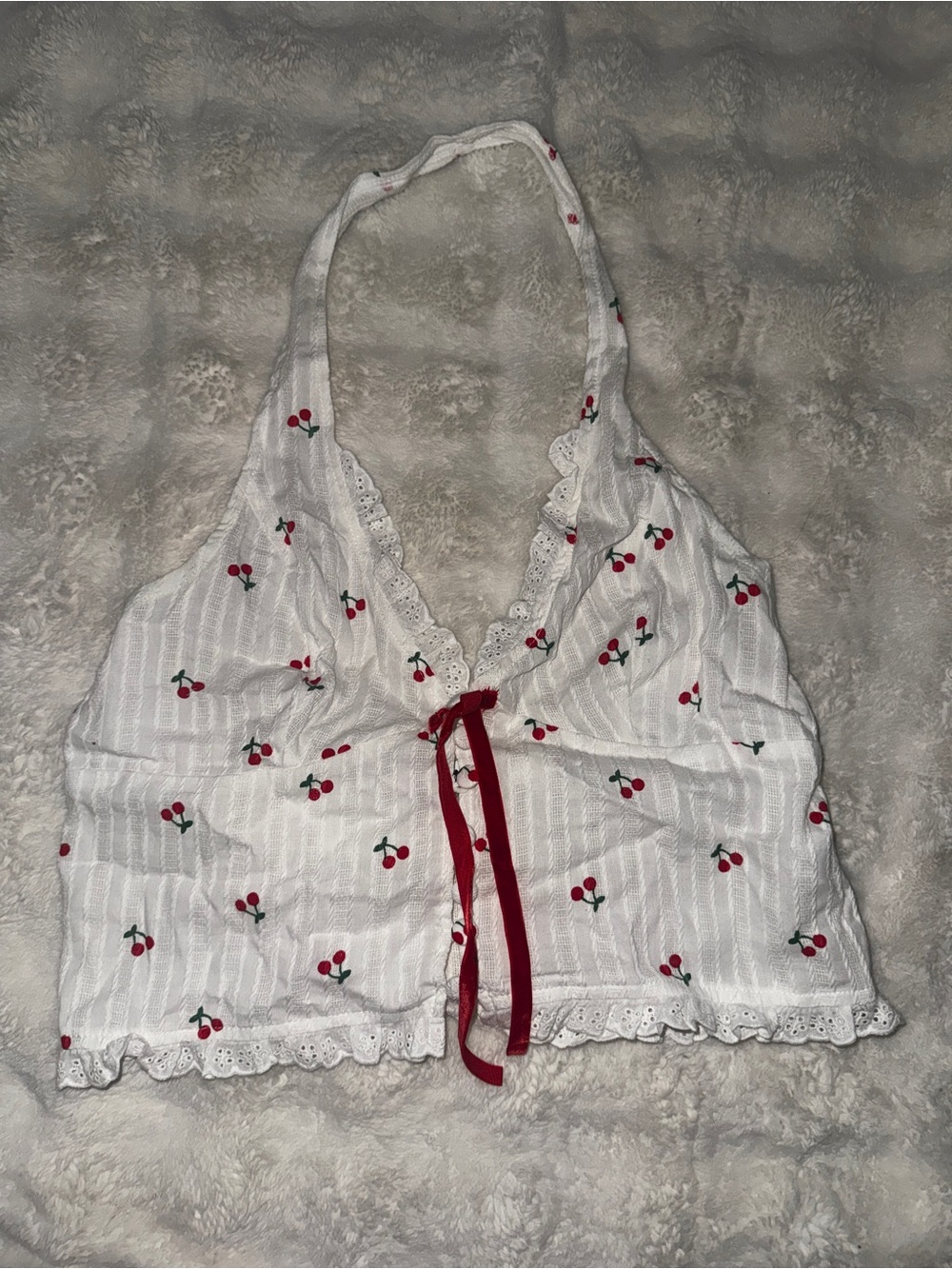 White Cherry Halter Crop Top with Lace Trim